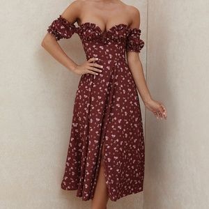 House of CB Lauren Wine Midi Off Shoulder Dress NWOT